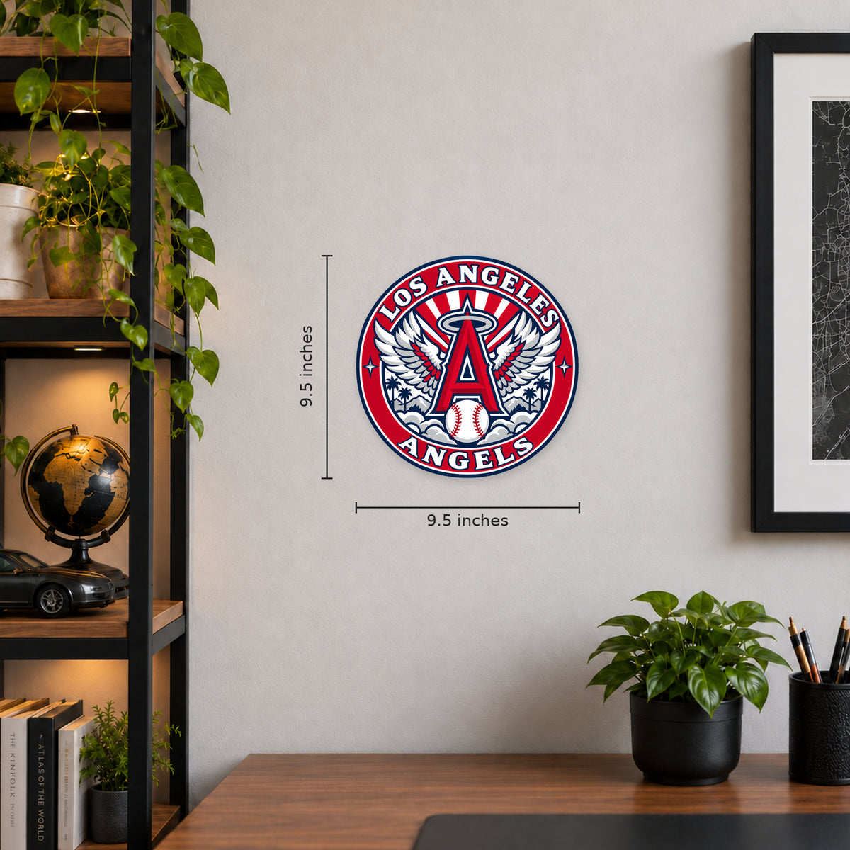 Los Angeles Angels MLB Team Seal — example wall display with 9.5-inch width and height guides; illustrative rendering