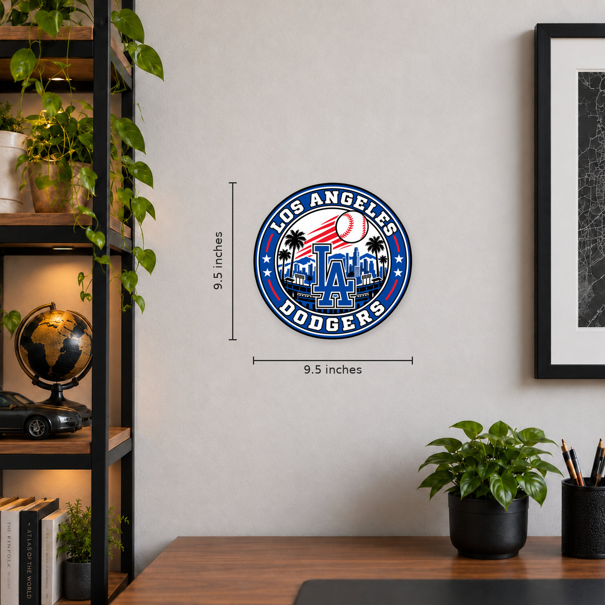 Los Angeles Dodgers MLB Team Seal — example wall display with 9.5-inch width and height guides; illustrative rendering