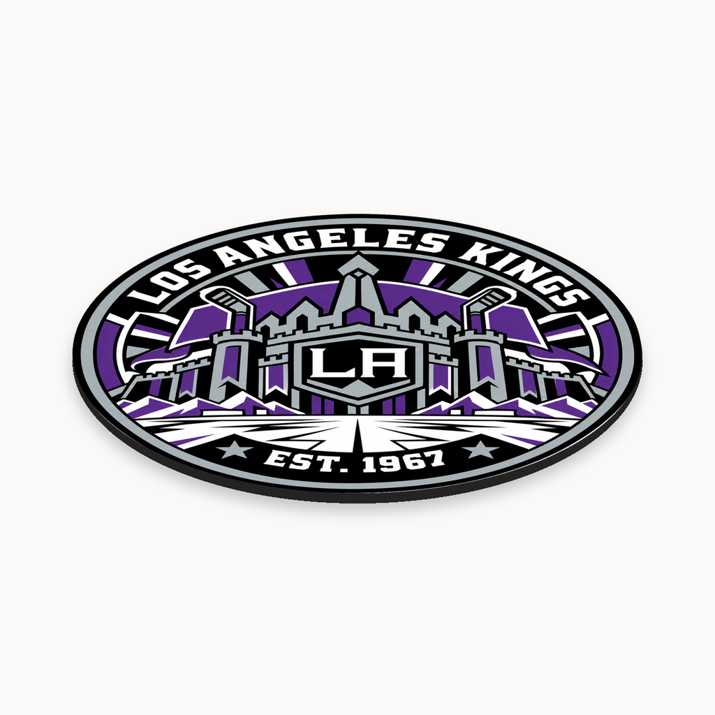 Los Angeles Kings NHL seal — angled thin-profile view; illustrative rendering