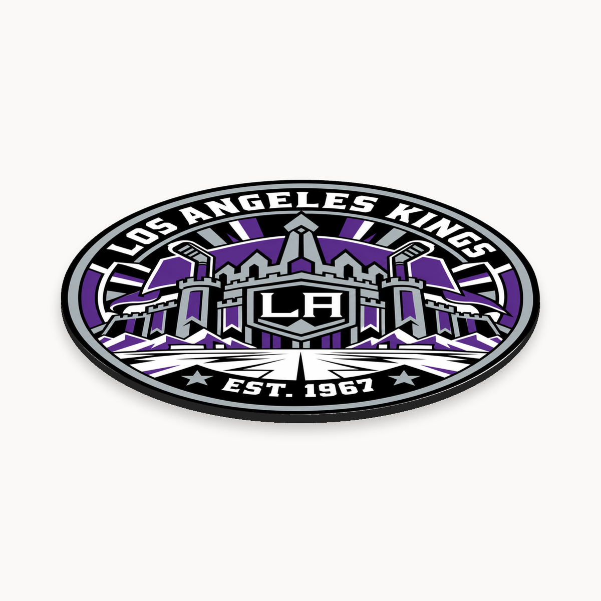 Los Angeles Kings NHL seal — angled thin-profile view; illustrative rendering