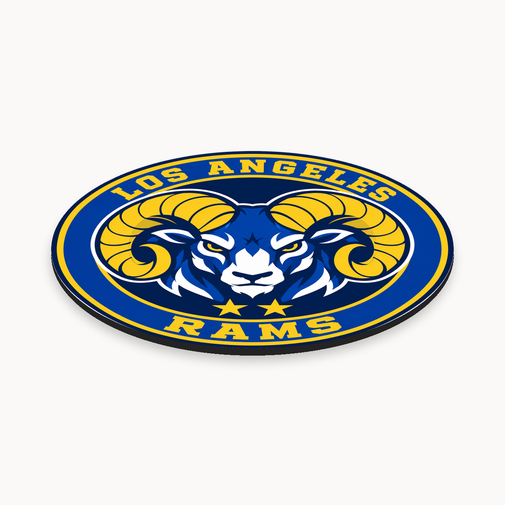 Los Angeles Rams NFL seal — angled thin-profile view; illustrative rendering
