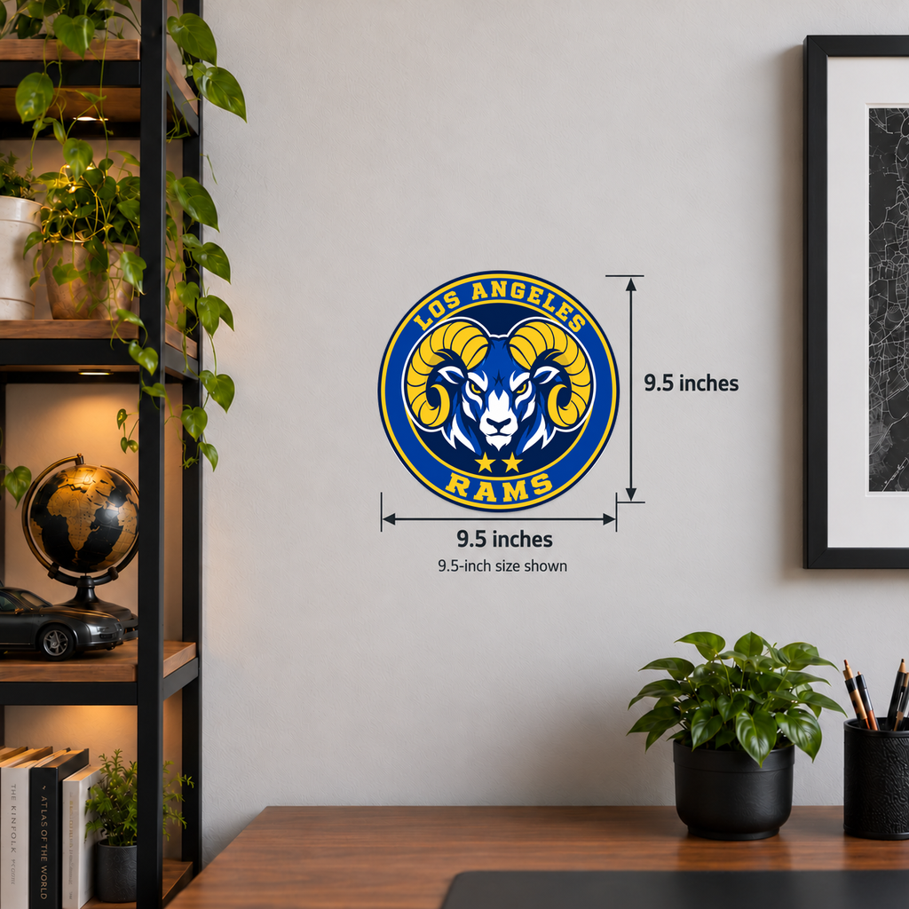 Los Angeles Rams NFL seal — wall display with 9.5-inch measurements; 9.5-inch size shown; illustrative rendering