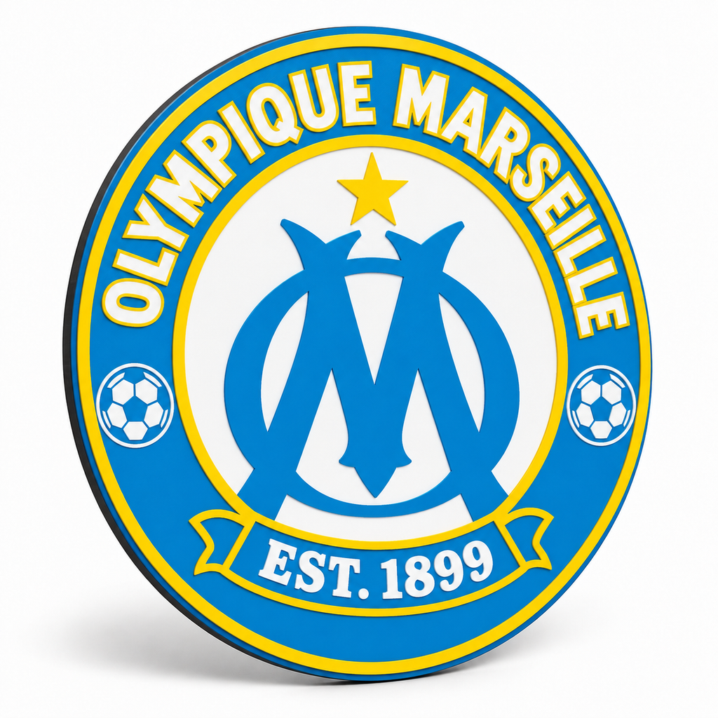 Olympique Marseille soccer club seal — angled illustrative rendering