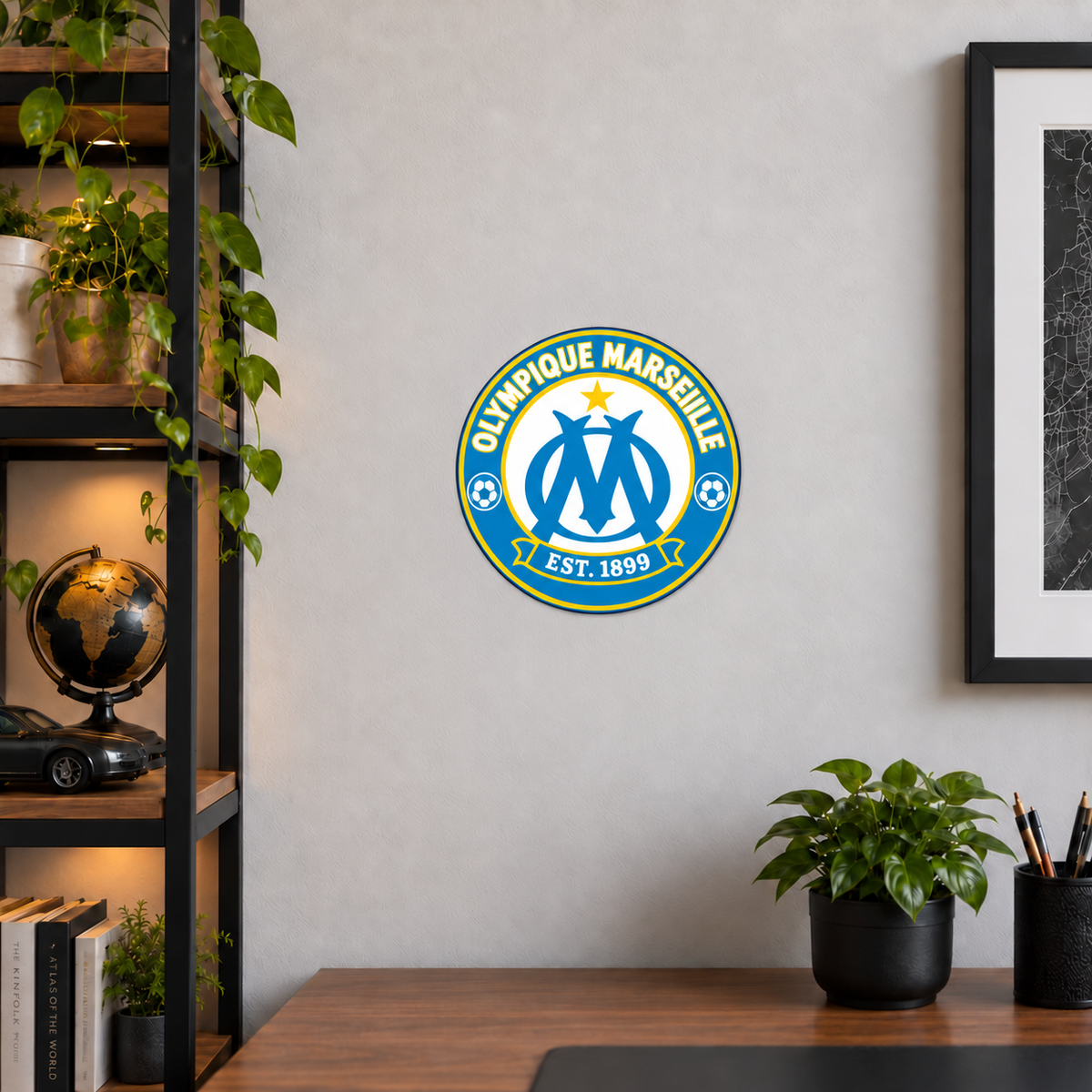 Olympique Marseille soccer club seal — matching wide office wall display illustrative rendering