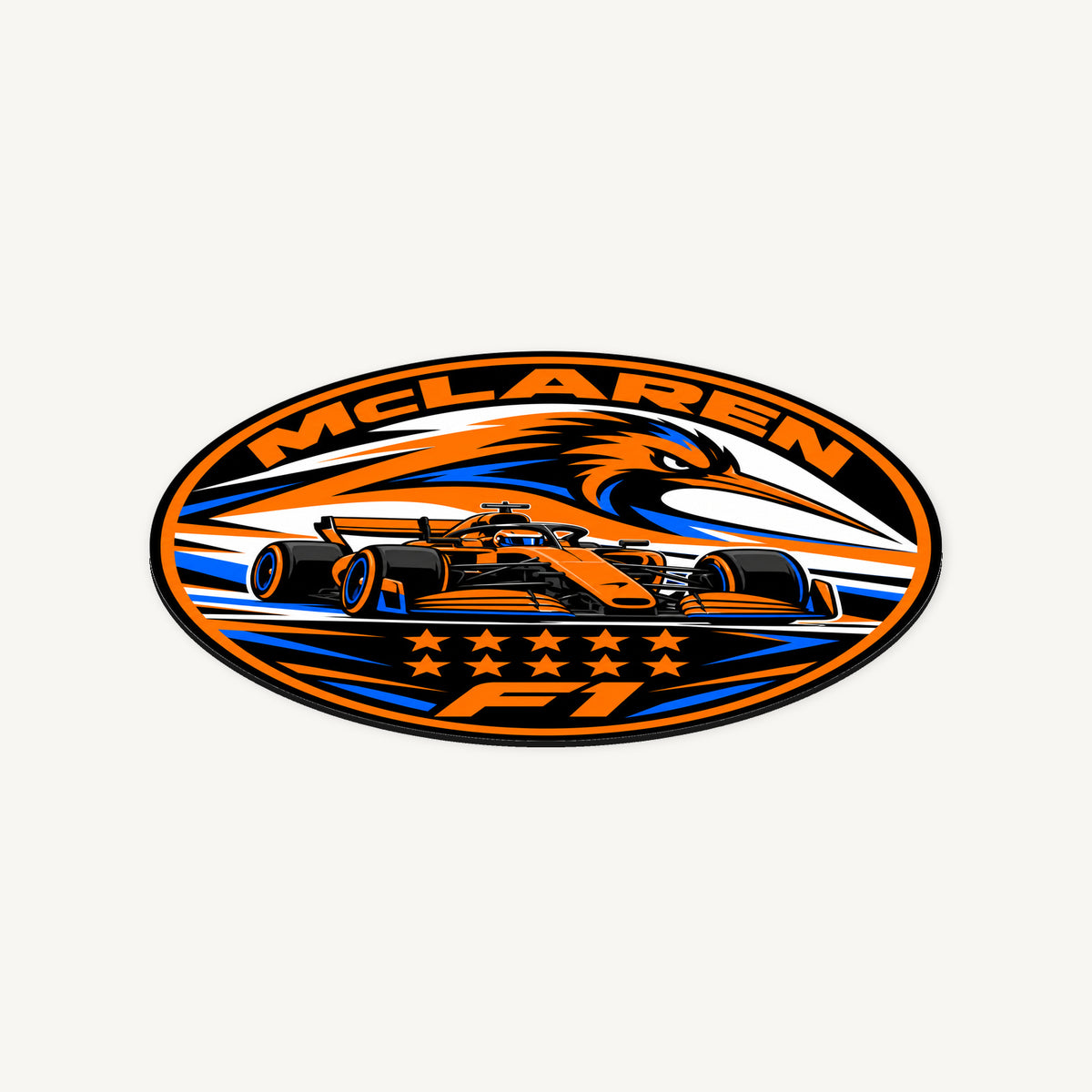 McLaren F1 Team Seal — angled view showing the thin plaque profile; illustrative rendering