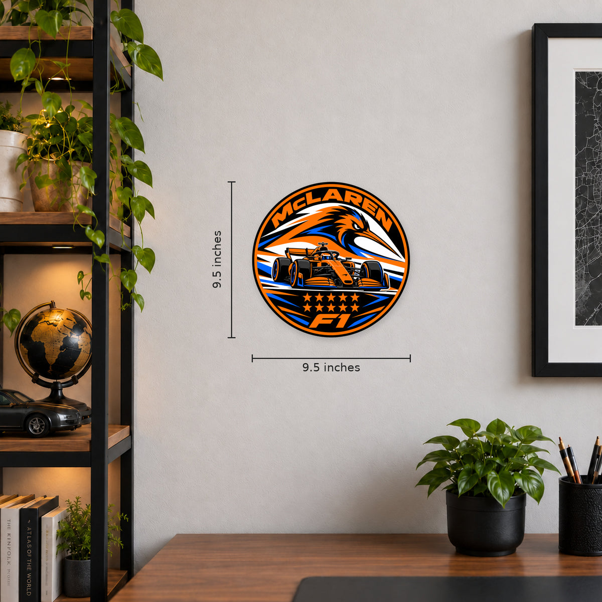 McLaren F1 Team Seal — example wall display with 9.5-inch width and height guides; illustrative rendering