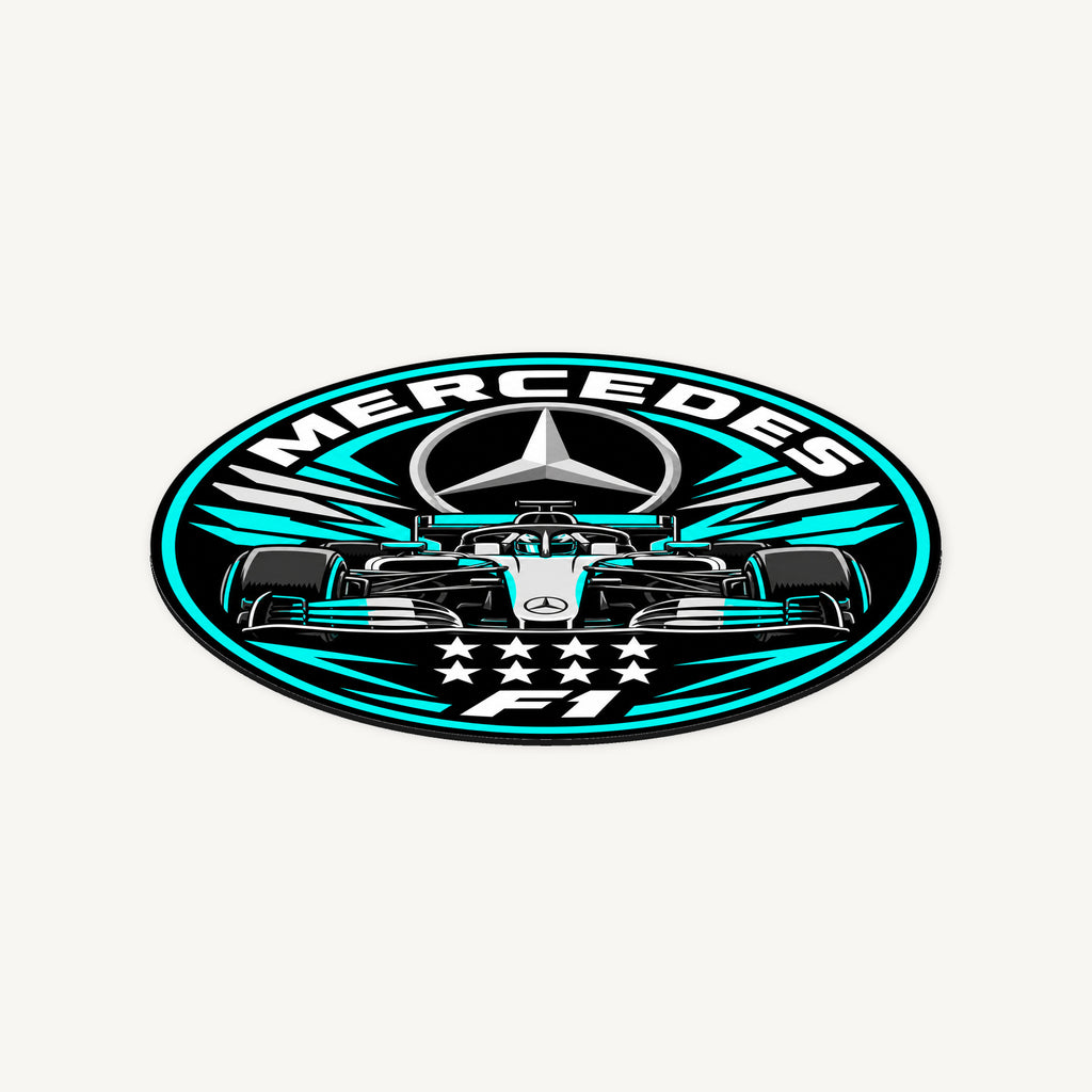 Mercedes F1 Team Seal — angled view showing the thin plaque profile; illustrative rendering