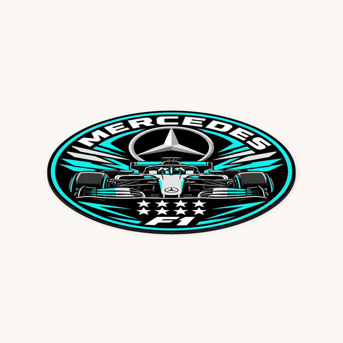 Mercedes F1 Team Seal — angled view showing the thin plaque profile; illustrative rendering