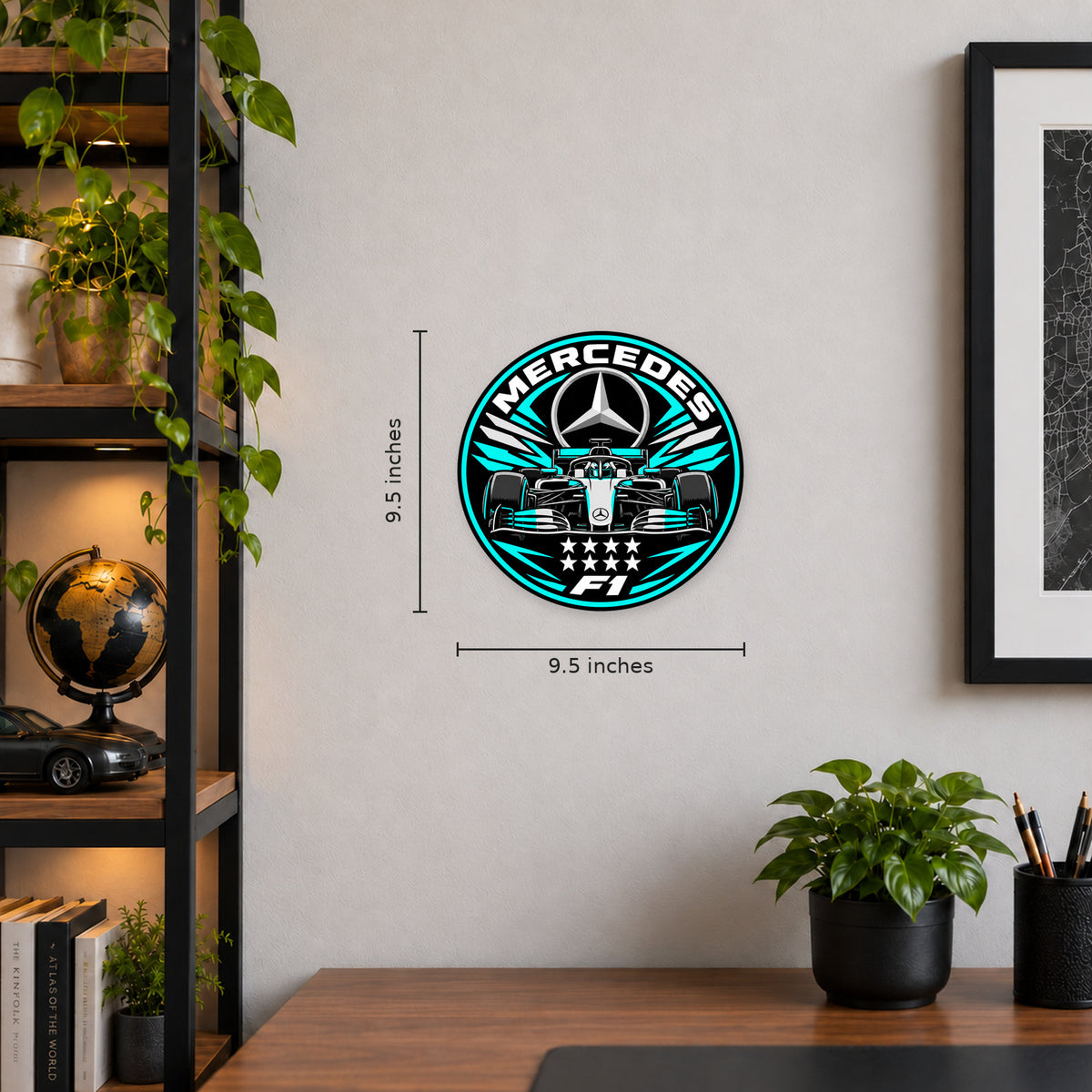 Mercedes F1 Team Seal — example wall display with 9.5-inch width and height guides; illustrative rendering
