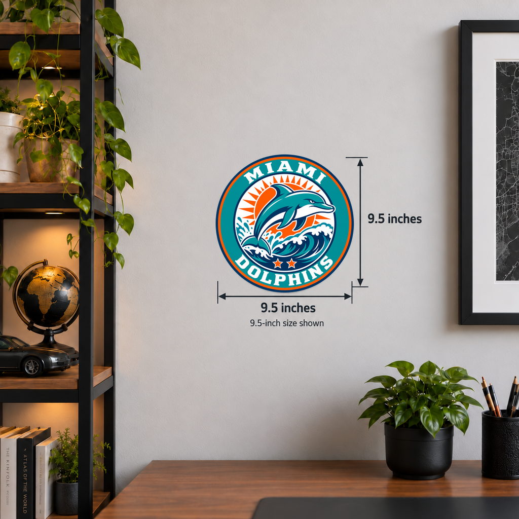 Miami Dolphins NFL seal — wall display with 9.5-inch measurements; 9.5-inch size shown; illustrative rendering