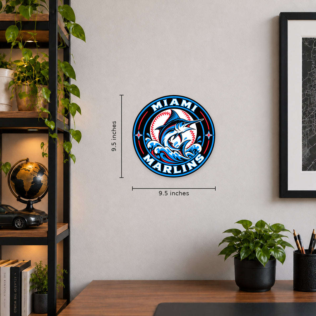 Miami Marlins MLB Team Seal — example wall display with 9.5-inch width and height guides; illustrative rendering
