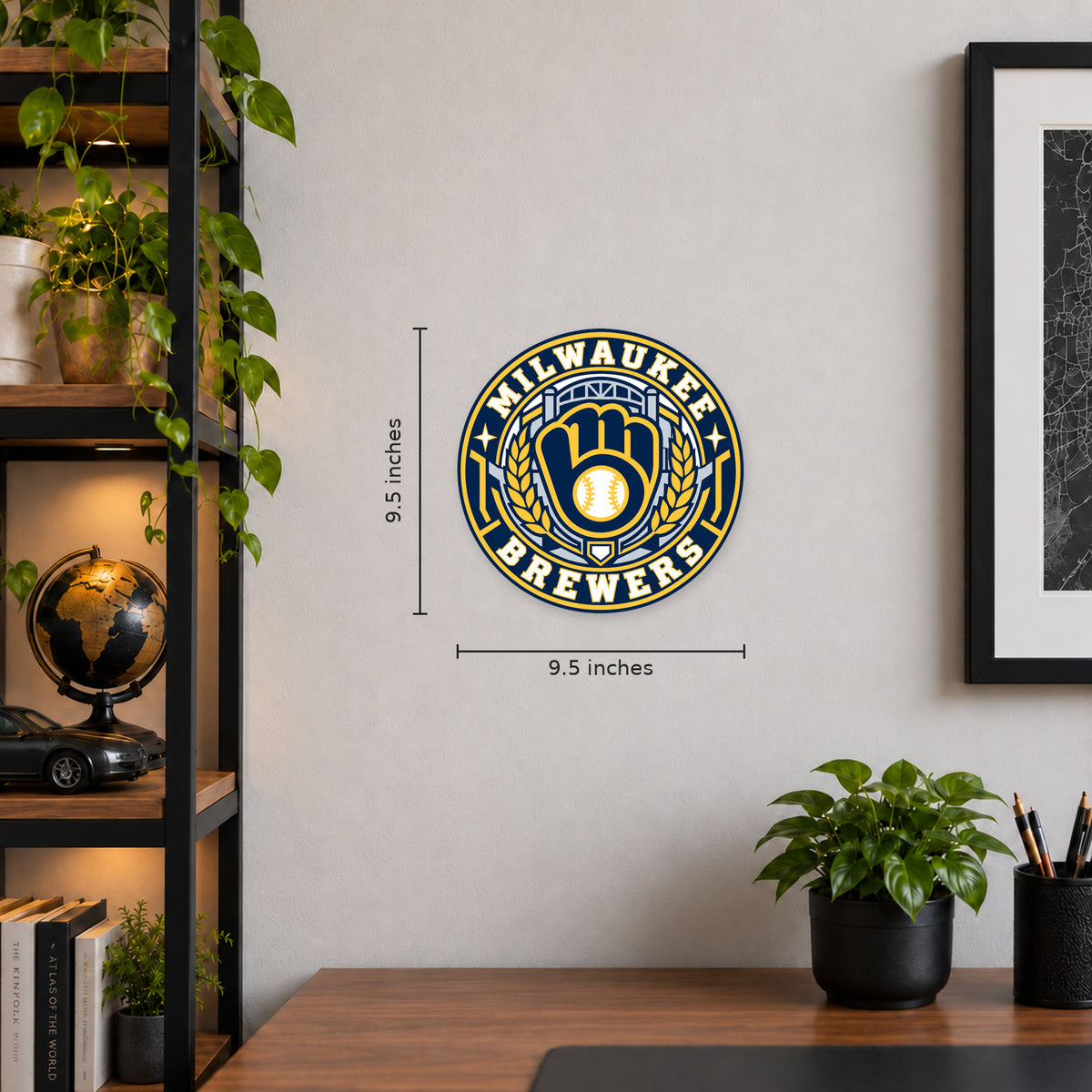 Milwaukee Brewers MLB Team Seal — example wall display with 9.5-inch width and height guides; illustrative rendering