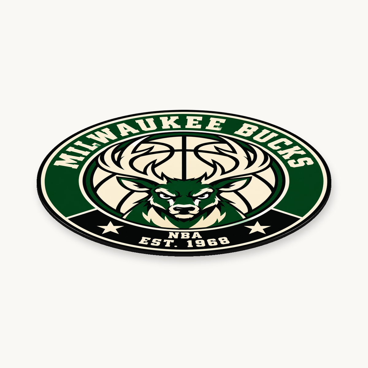 Milwaukee Bucks NBA seal — angled view showing thin profile; illustrative rendering
