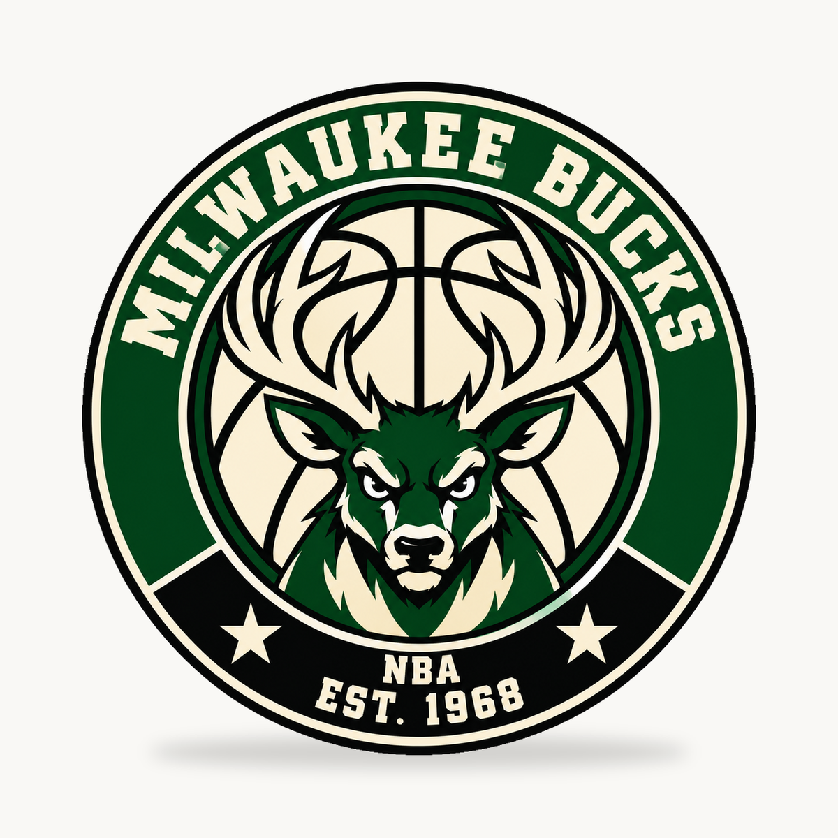 Milwaukee Bucks NBA seal — front view; illustrative rendering