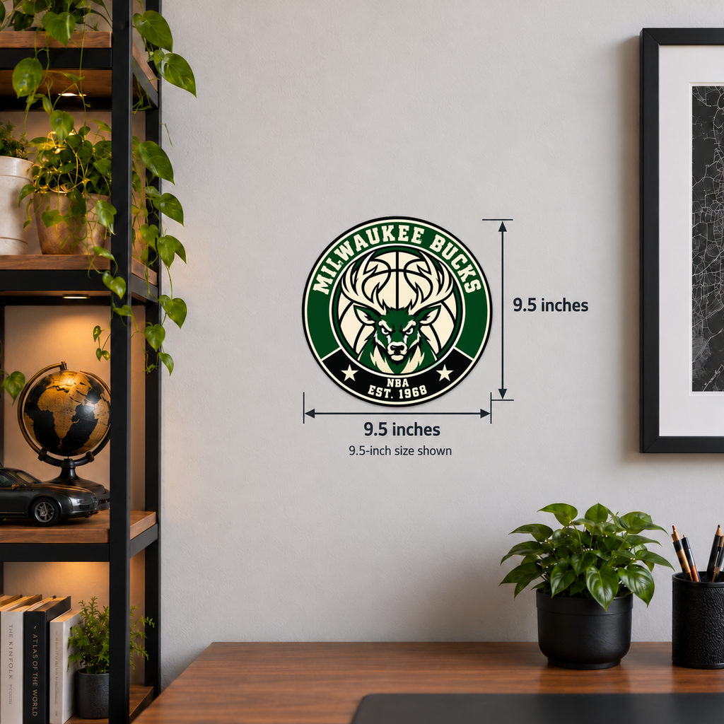 Milwaukee Bucks NBA seal — wall display with 9.5-inch width and height measurements; 9.5-inch size shown; illustrative rendering