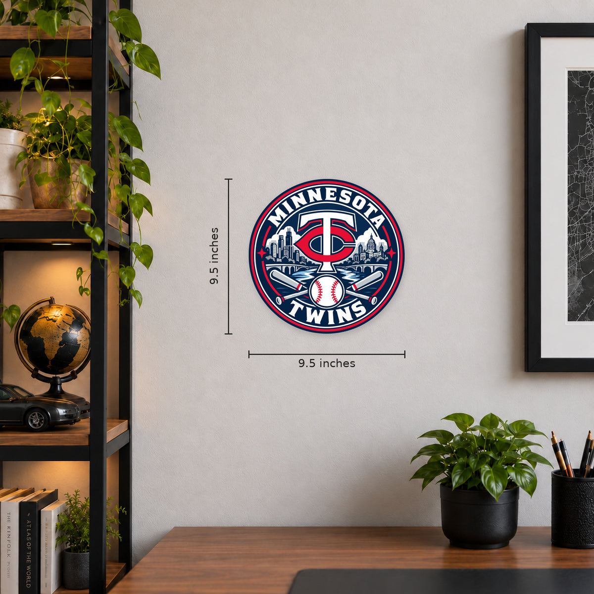 Minnesota Twins MLB Team Seal — example wall display with 9.5-inch width and height guides; illustrative rendering