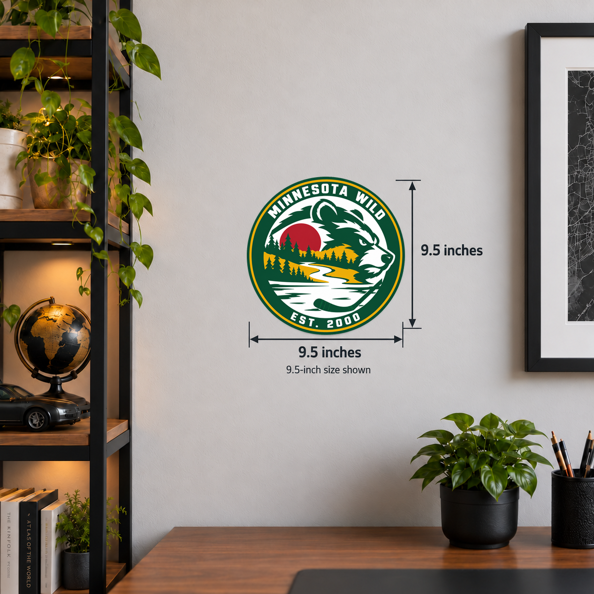 Minnesota Wild NHL seal — wall display with 9.5-inch measurements; 9.5-inch size shown; illustrative rendering