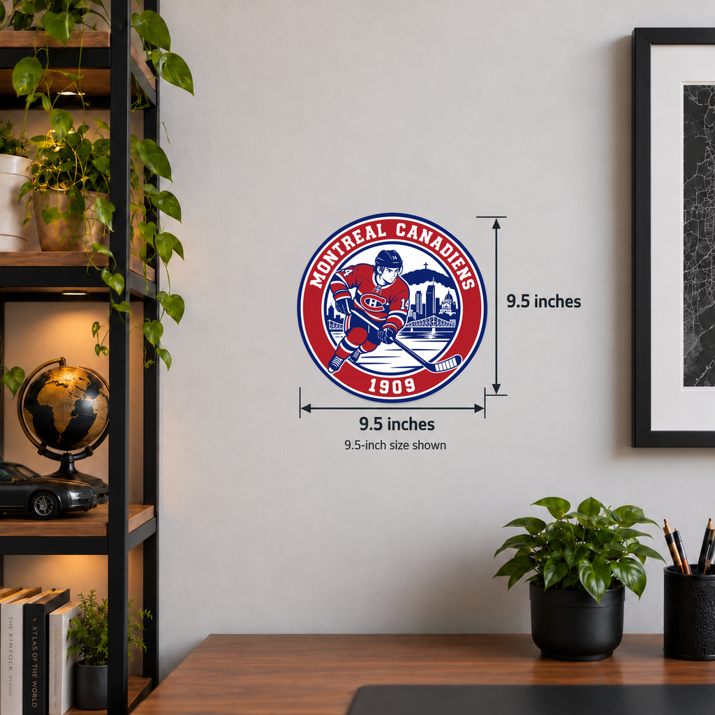 Montreal Canadiens NHL seal — wall display with 9.5-inch measurements; 9.5-inch size shown; illustrative rendering