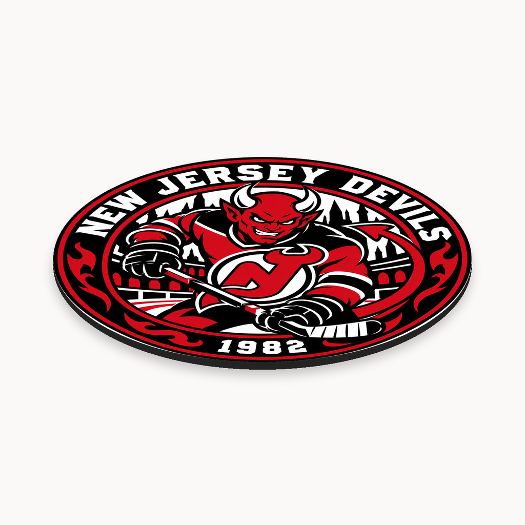 New Jersey Devils NHL seal — angled thin-profile view; illustrative rendering