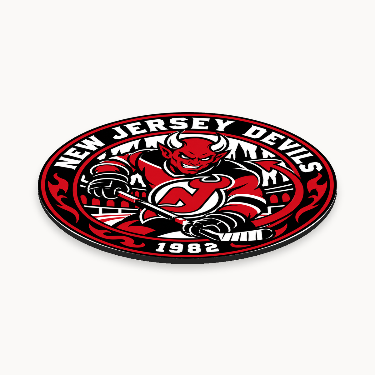 New Jersey Devils NHL seal — angled thin-profile view; illustrative rendering