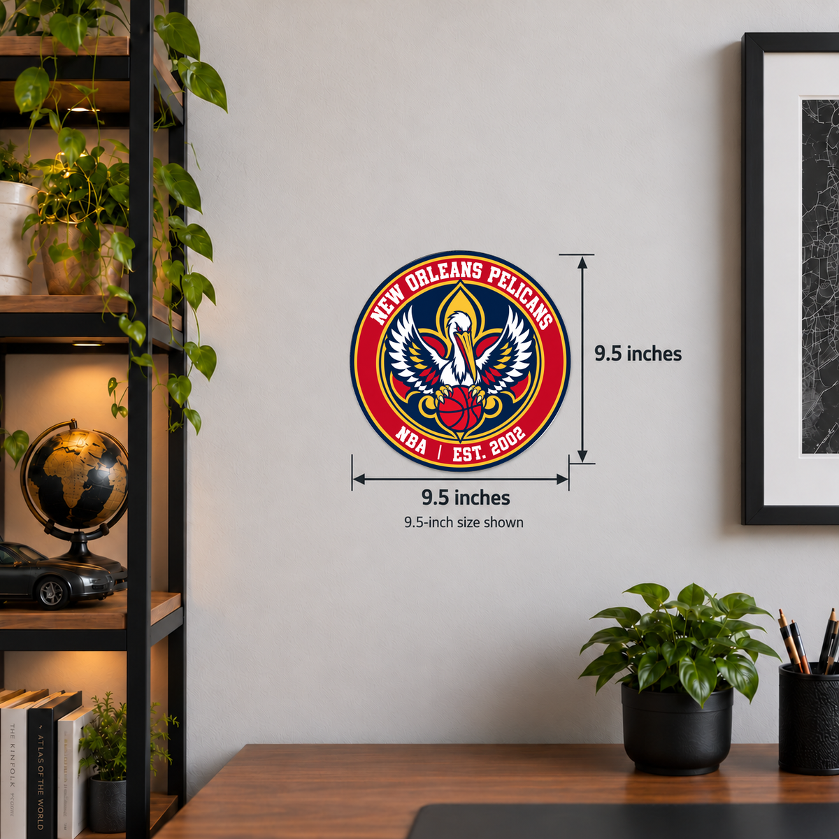 New Orleans Pelicans NBA seal — wall display with 9.5-inch width and height measurements; 9.5-inch size shown; illustrative rendering