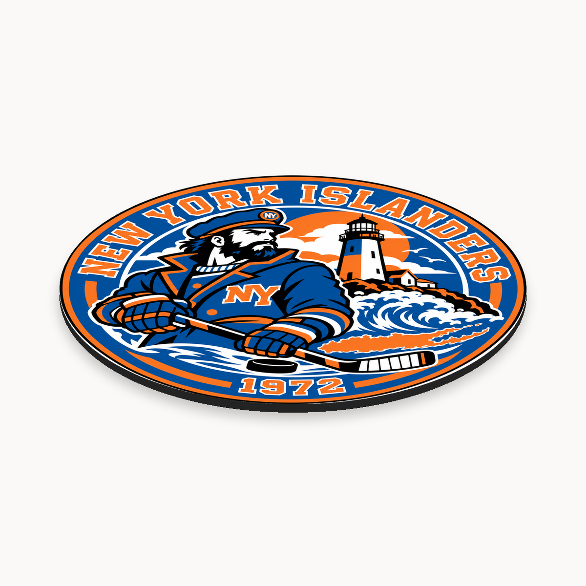 New York Islanders NHL seal — angled thin-profile view; illustrative rendering
