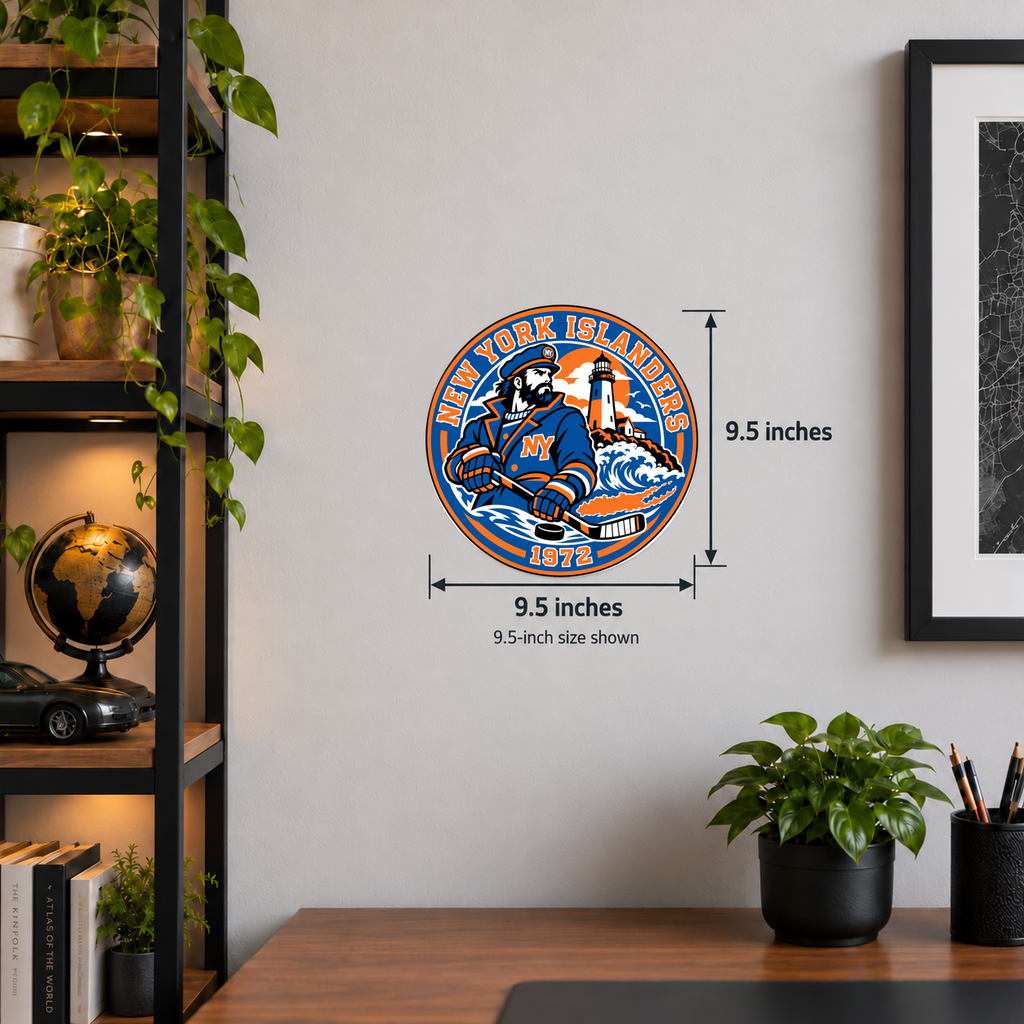 New York Islanders NHL seal — wall display with 9.5-inch measurements; 9.5-inch size shown; illustrative rendering