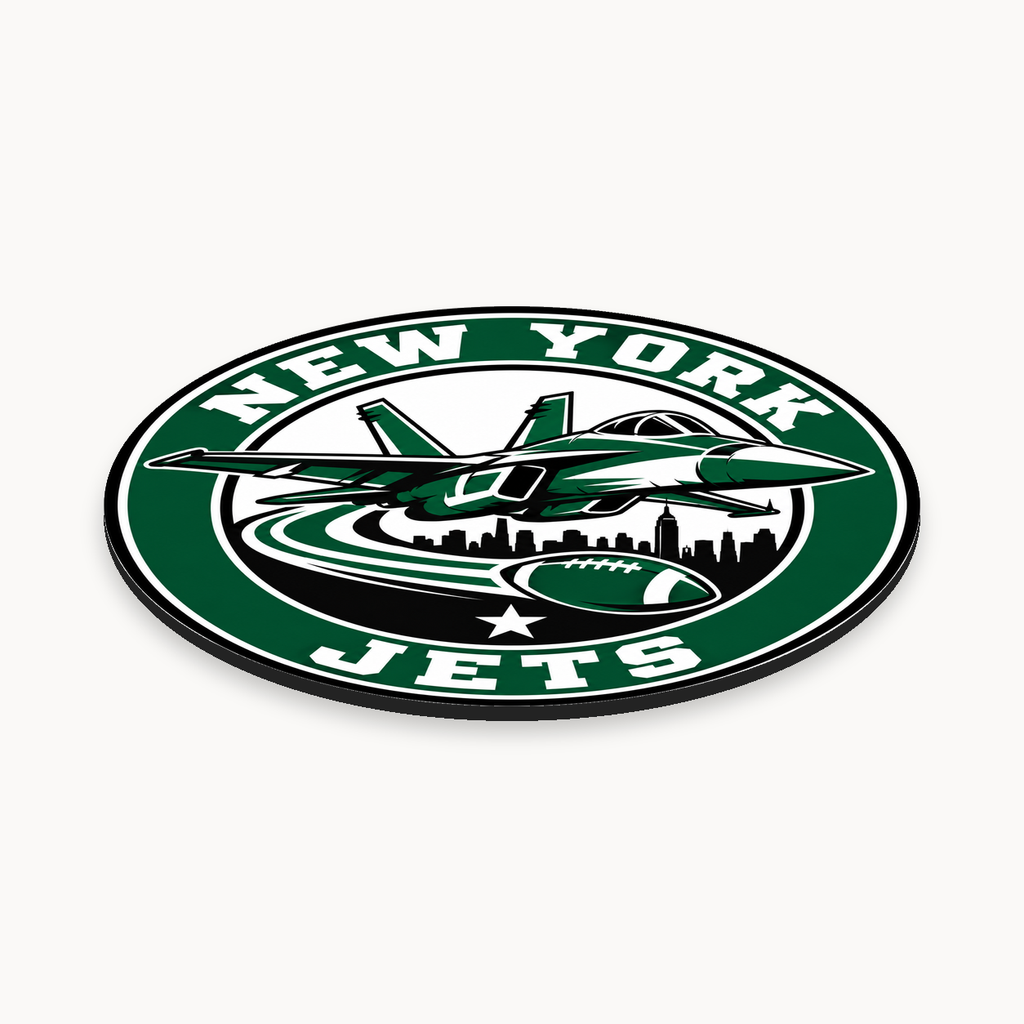 New York Jets NFL seal — angled thin-profile view with complete outer ring; illustrative rendering