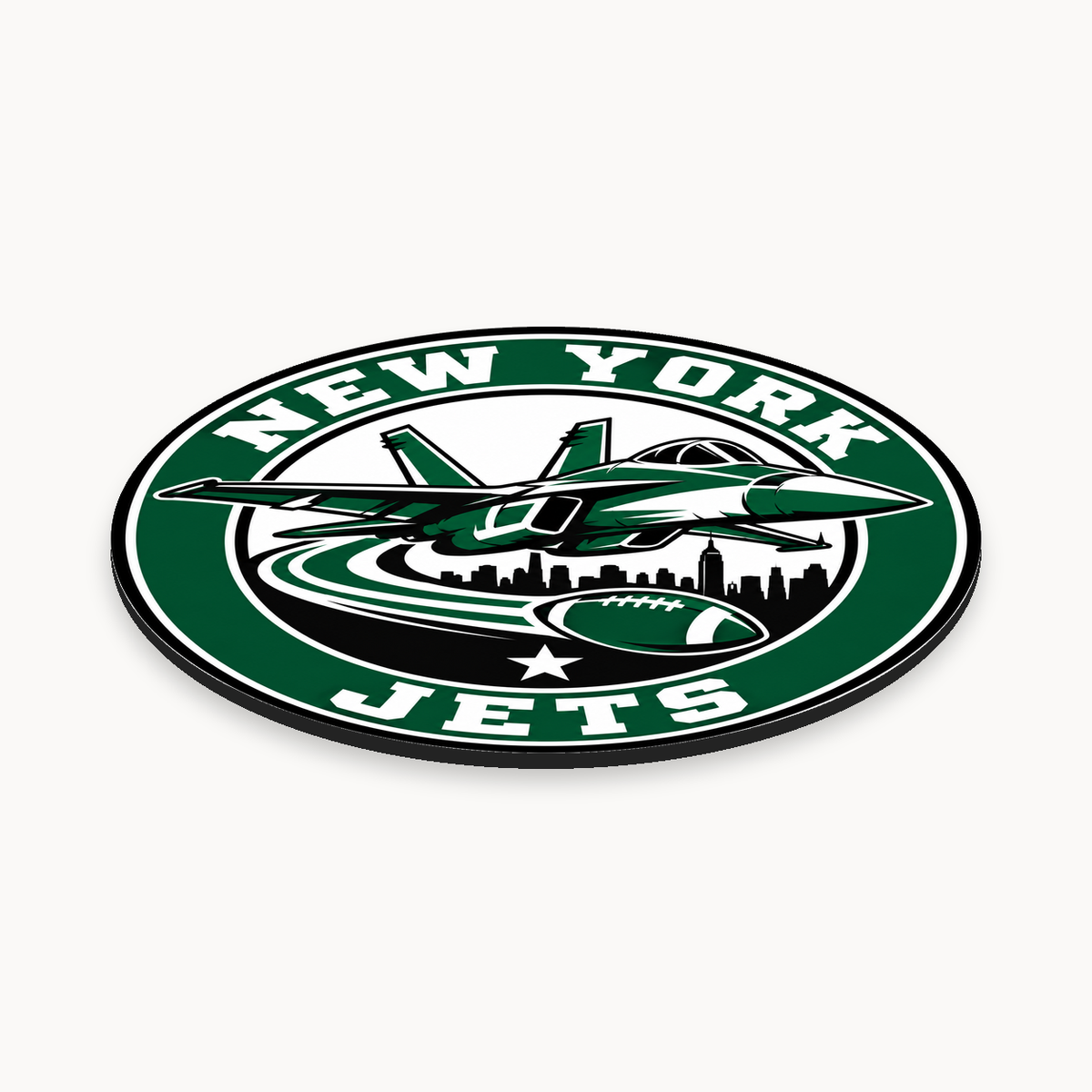 New York Jets NFL seal — angled thin-profile view with complete outer ring; illustrative rendering