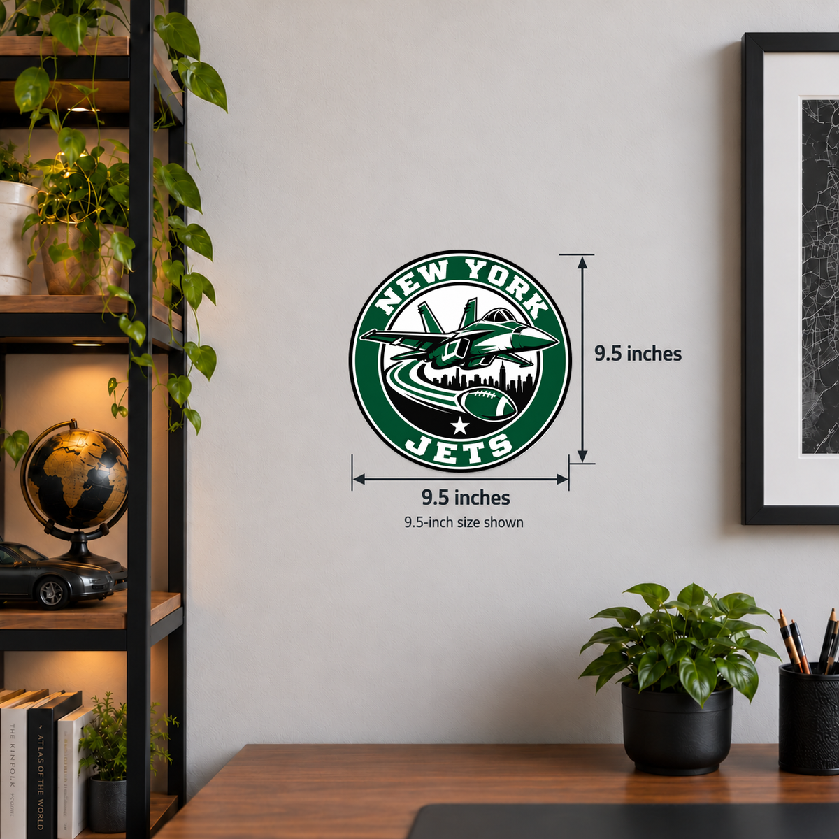 New York Jets NFL seal — wall display with 9.5-inch measurements; 9.5-inch size shown; illustrative rendering