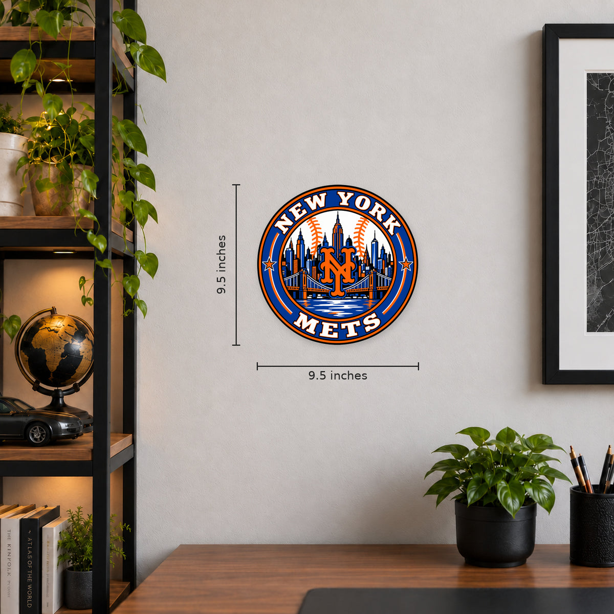 New York Mets MLB Team Seal — example wall display with 9.5-inch width and height guides; illustrative rendering