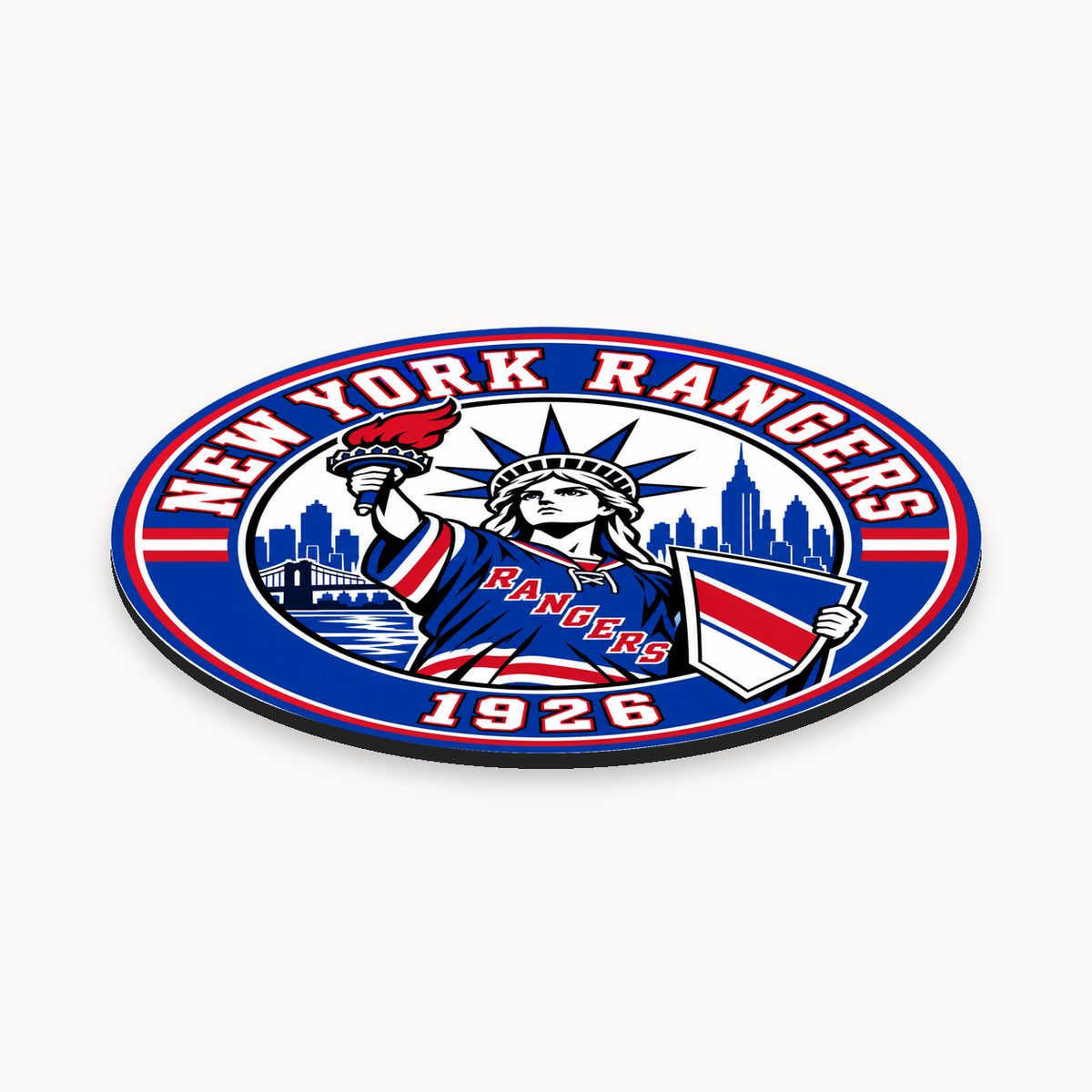 New York Rangers NHL seal — angled thin-profile view; illustrative rendering