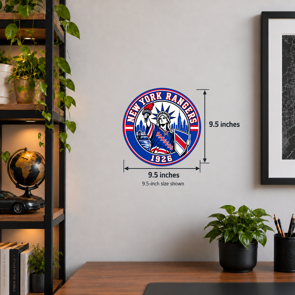 New York Rangers NHL seal — wall display with 9.5-inch measurements; 9.5-inch size shown; illustrative rendering