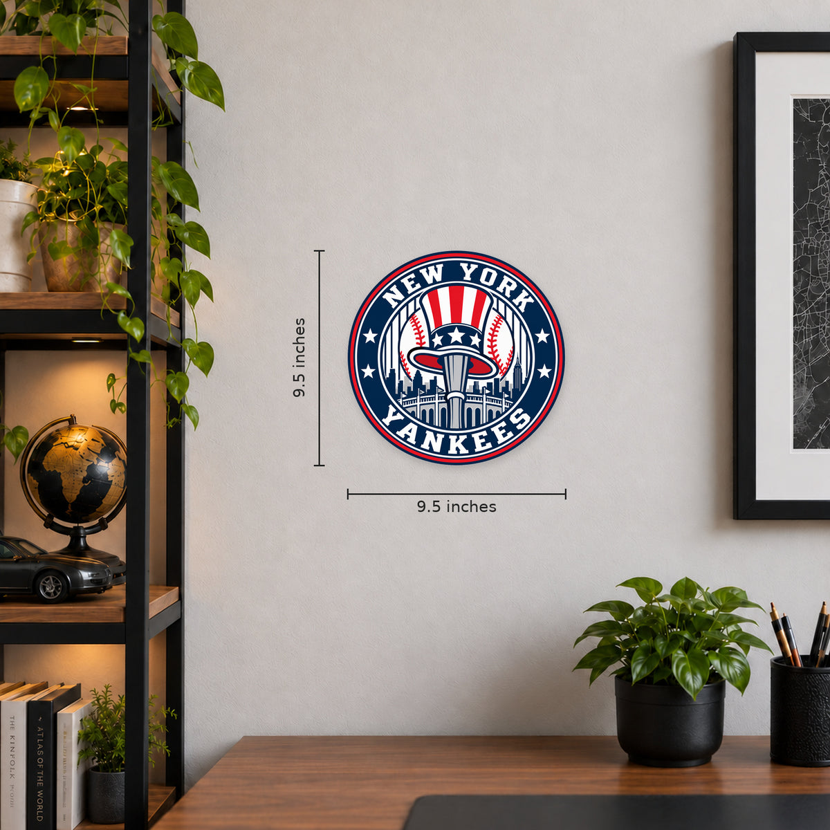 New York Yankees MLB Team Seal — example wall display with 9.5-inch width and height guides; illustrative rendering