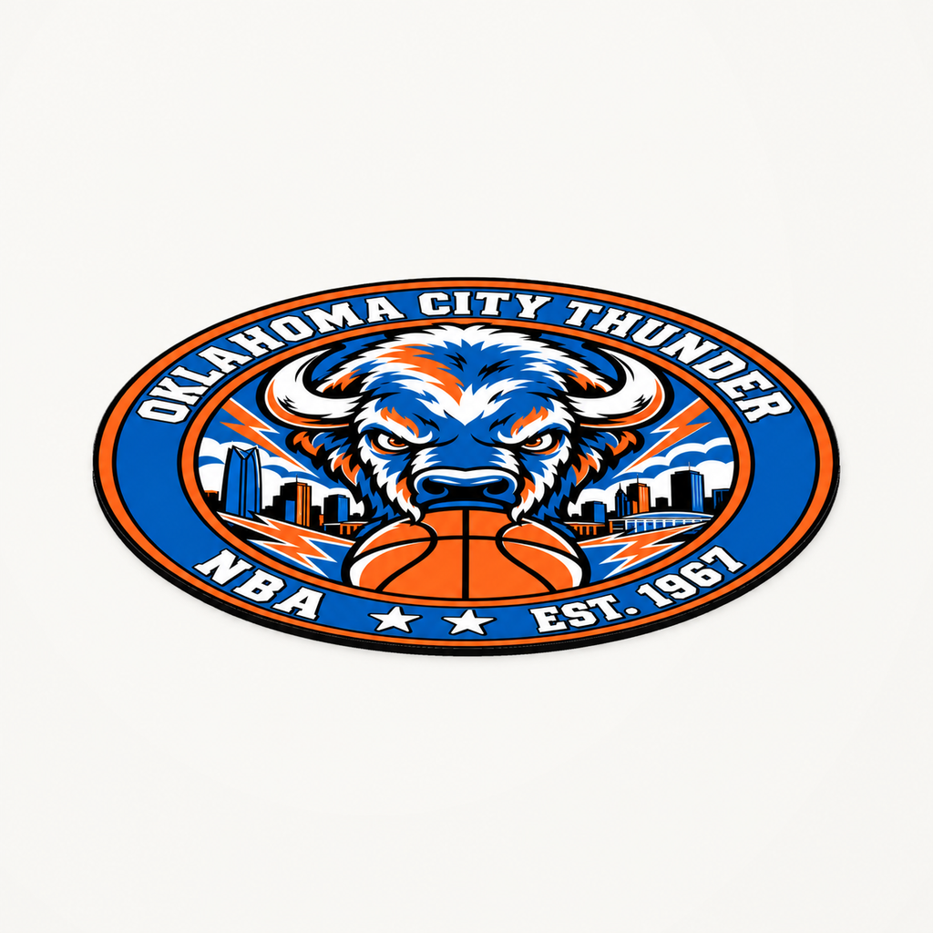 Oklahoma City Thunder NBA seal — angled view showing thin profile; illustrative rendering