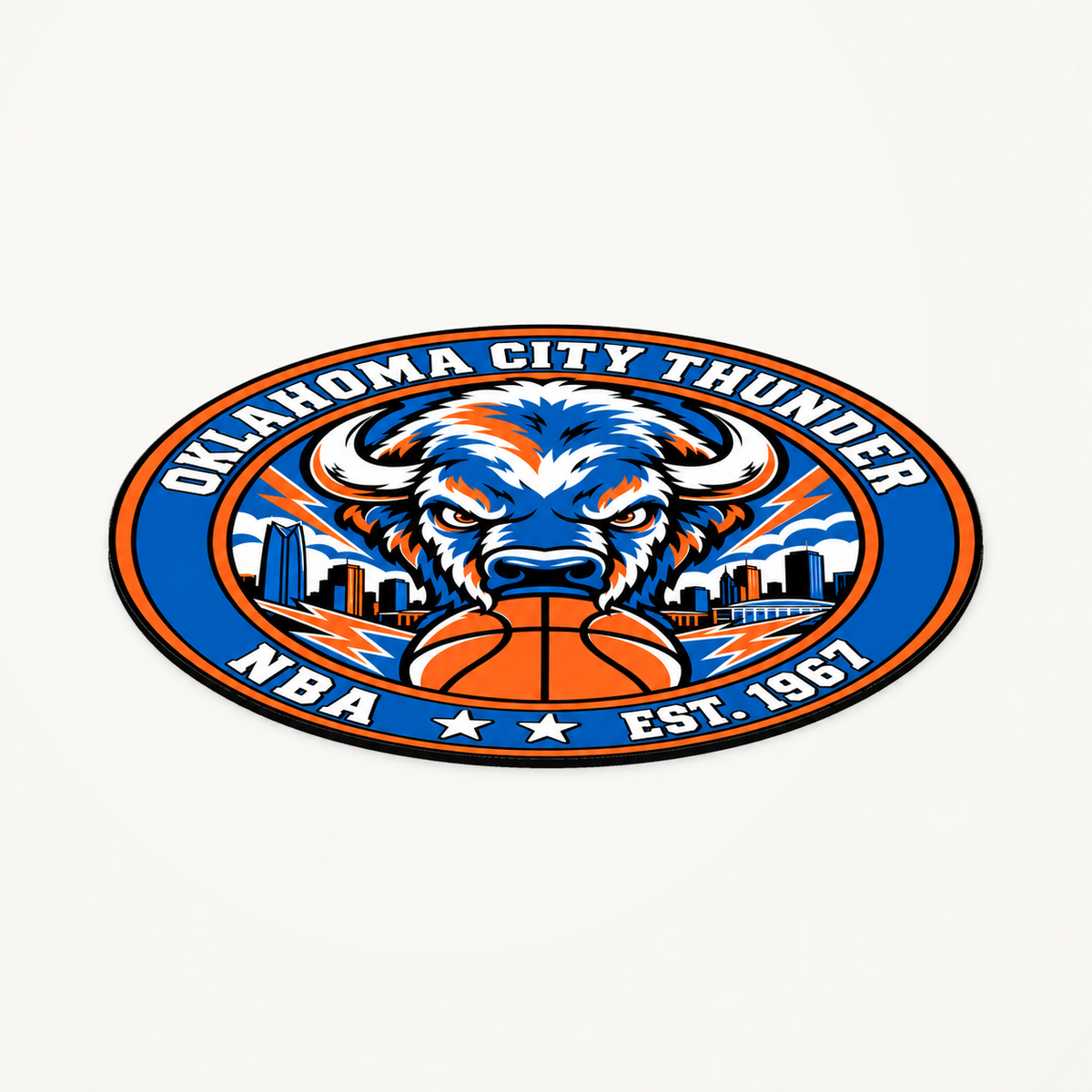 Oklahoma City Thunder NBA seal — angled view showing thin profile; illustrative rendering