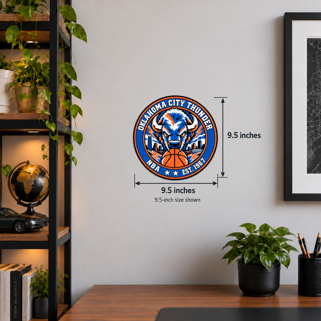 Oklahoma City Thunder NBA Seal — wall display with width and height measurements of 9.5 inches; 9.5-inch size shown