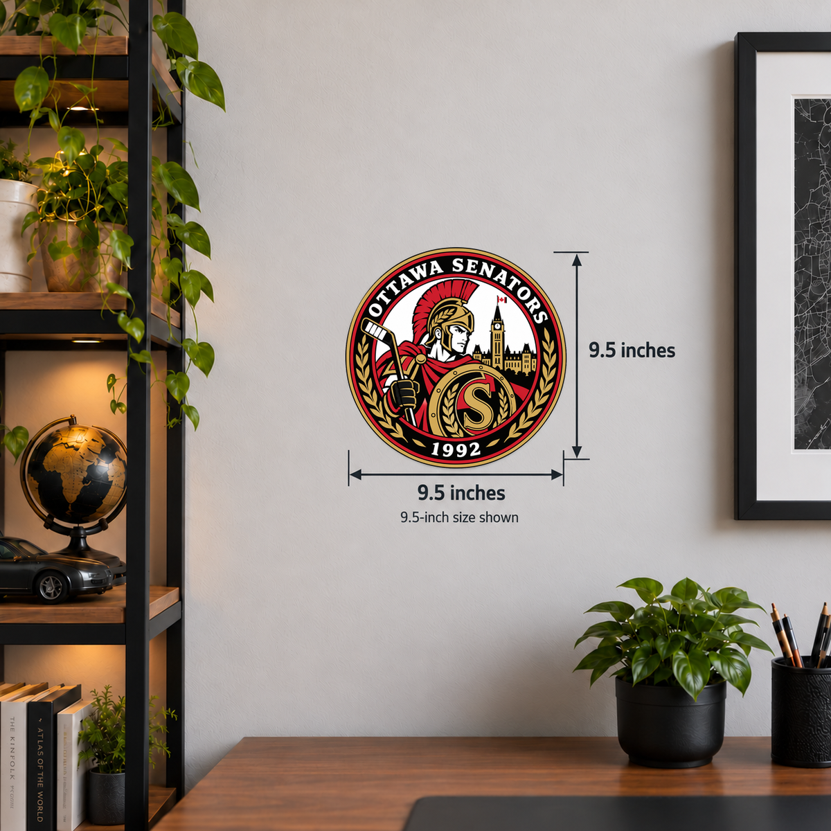 Ottawa Senators NHL seal — wall display with 9.5-inch measurements; 9.5-inch size shown; illustrative rendering