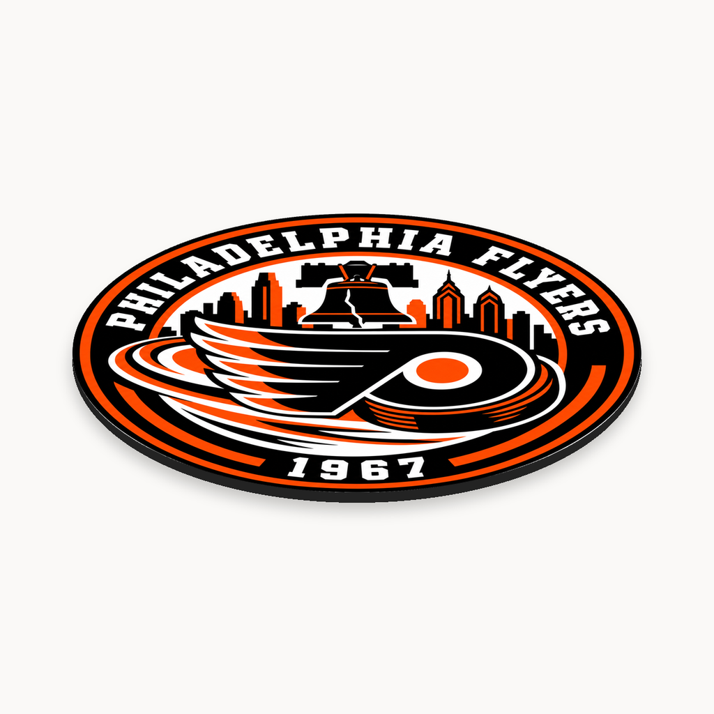 Philadelphia Flyers NHL seal — angled thin-profile view; illustrative rendering