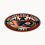 Philadelphia Flyers NHL seal — angled thin-profile view; illustrative rendering
