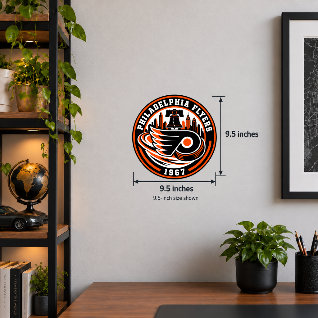Philadelphia Flyers NHL seal — wall display with 9.5-inch measurements; 9.5-inch size shown; illustrative rendering