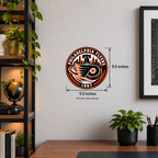 Philadelphia Flyers NHL seal — wall display with 9.5-inch measurements; 9.5-inch size shown; illustrative rendering