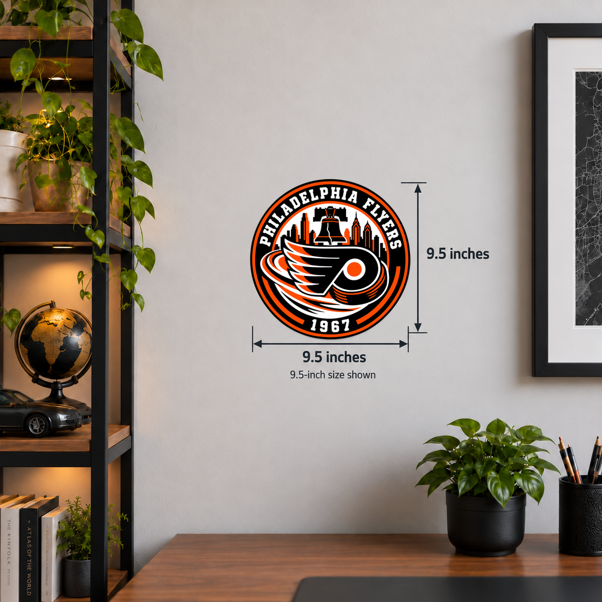 Philadelphia Flyers NHL seal — wall display with 9.5-inch measurements; 9.5-inch size shown; illustrative rendering