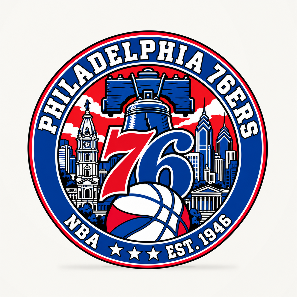 Philadelphia 76ers NBA seal — front view; illustrative rendering