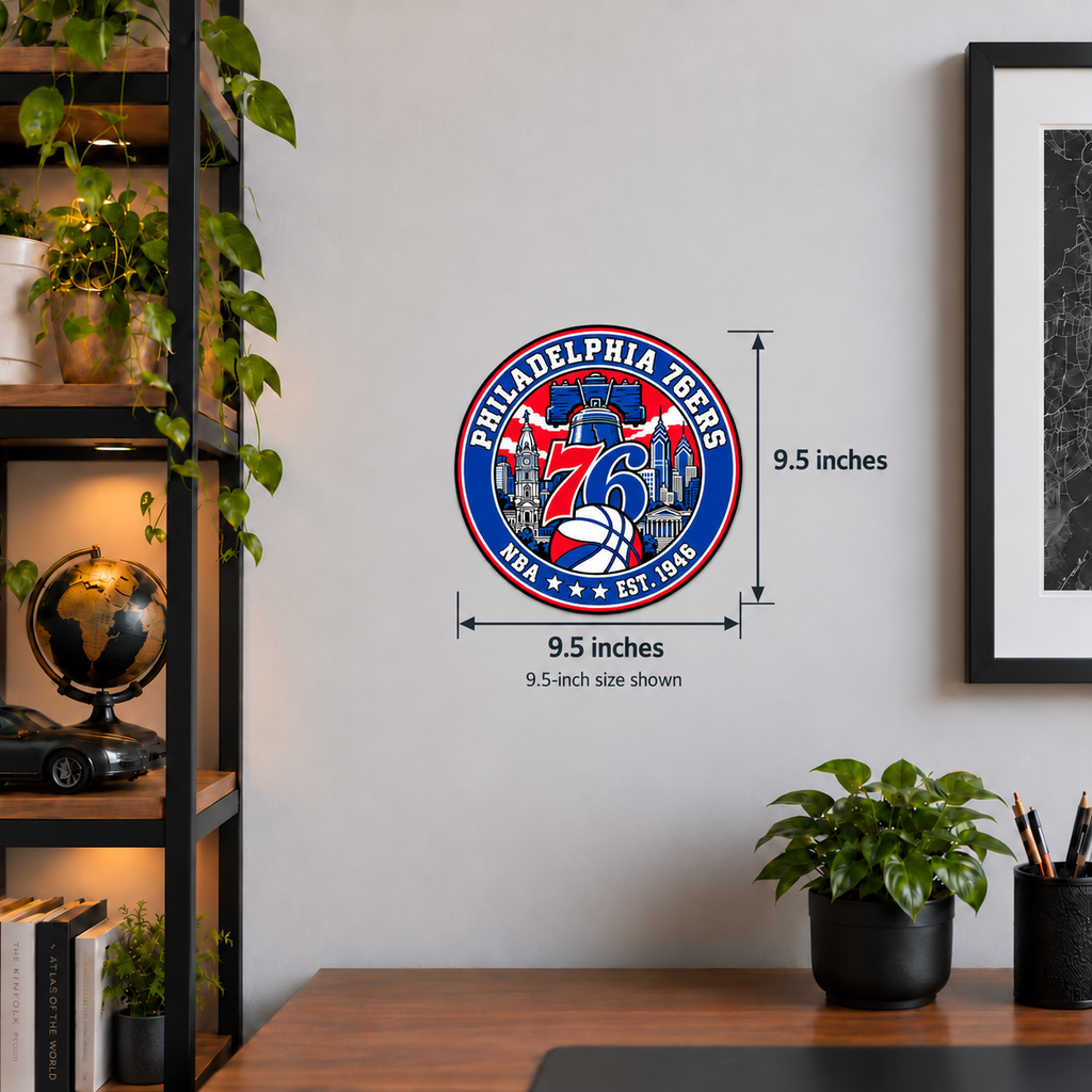 Philadelphia 76ers NBA Seal — wall display with width and height measurements of 9.5 inches; 9.5-inch size shown