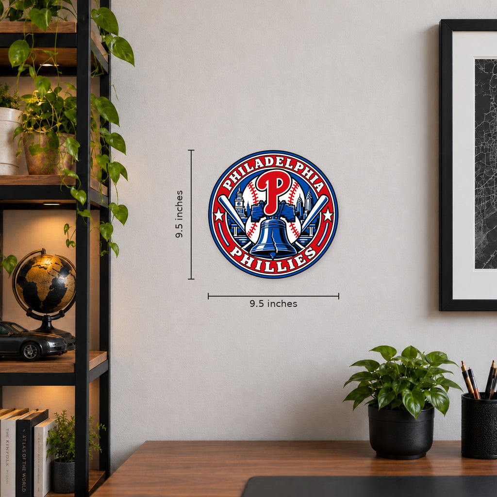 Philadelphia Phillies MLB Team Seal — example wall display with 9.5-inch width and height guides; illustrative rendering