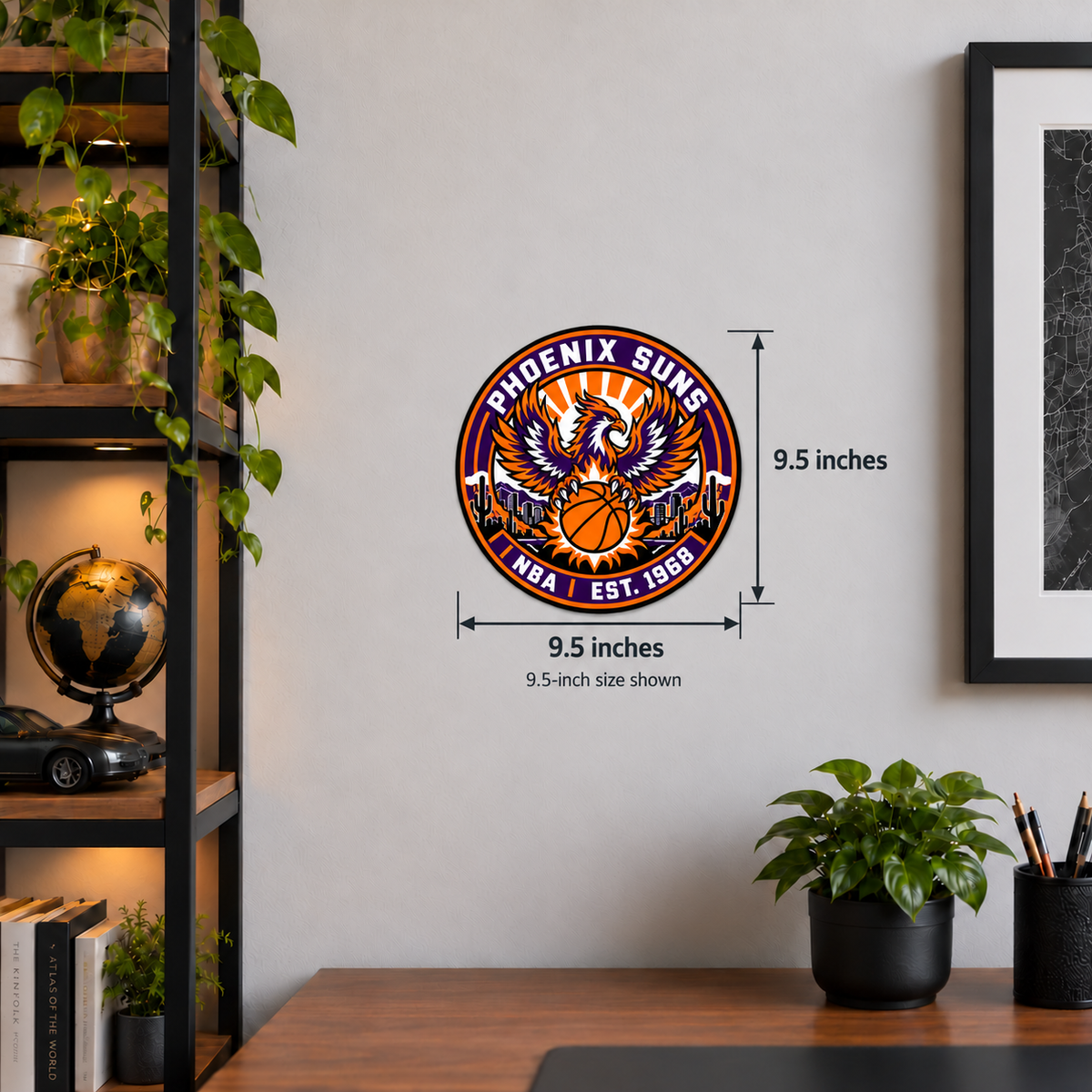 Phoenix Suns NBA Seal — wall display with width and height measurements of 9.5 inches; 9.5-inch size shown