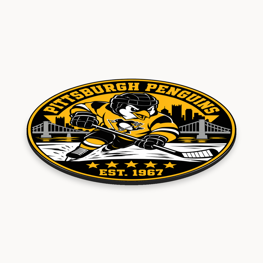 Pittsburgh Penguins NHL seal — angled thin-profile view; illustrative rendering