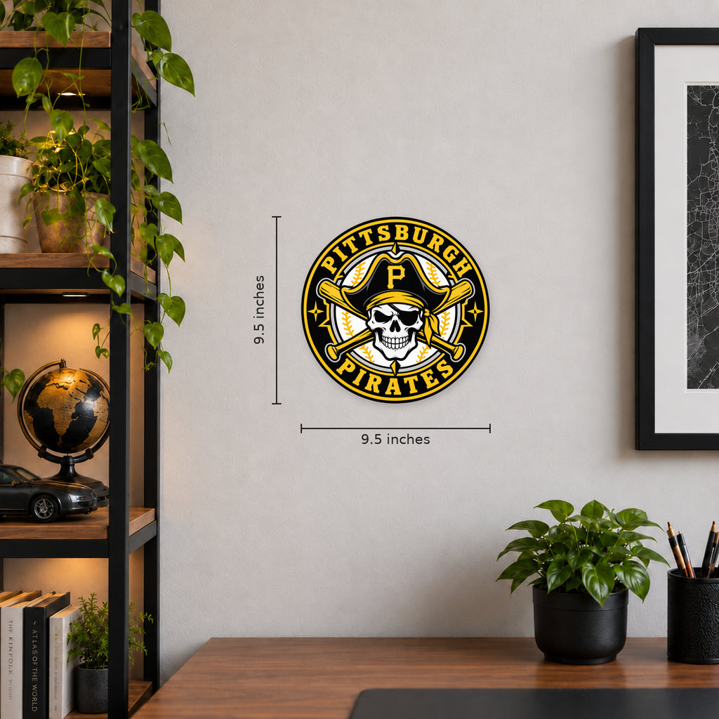 Pittsburgh Pirates MLB Team Seal — example wall display with 9.5-inch width and height guides; illustrative rendering