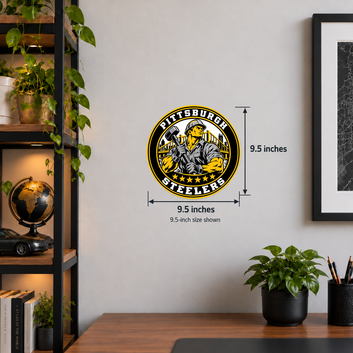 Pittsburgh Steelers NFL seal — wall display with 9.5-inch measurements; 9.5-inch size shown; illustrative rendering